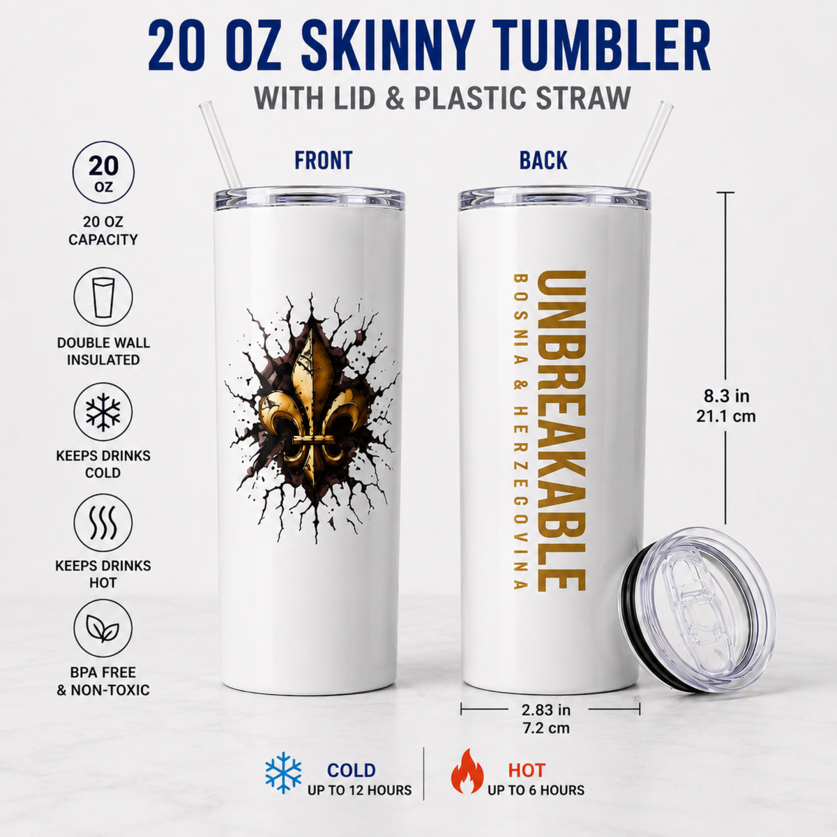 Unbreakable Bosnian 20 oz Skinny Tumbler